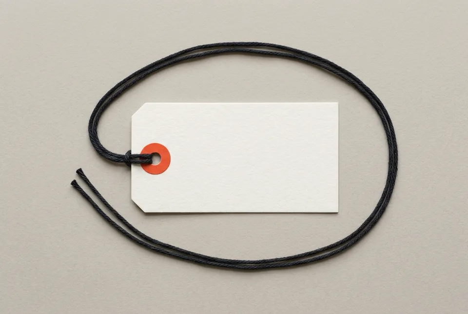 A blank luggage tag with an orange-red eyelet, its string looping back around it