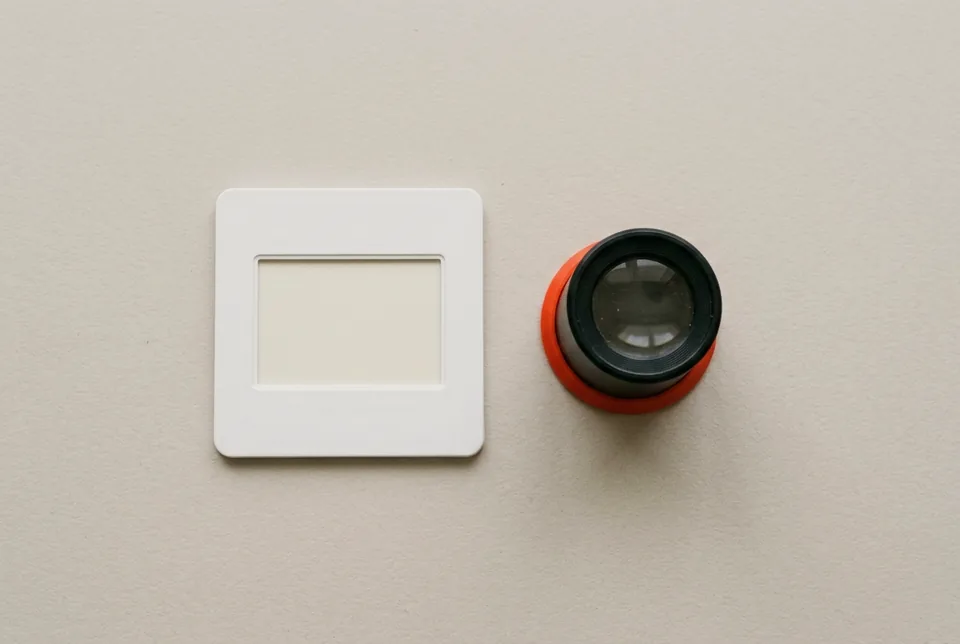An empty white slide mount beside a black loupe with an orange-red base ring
